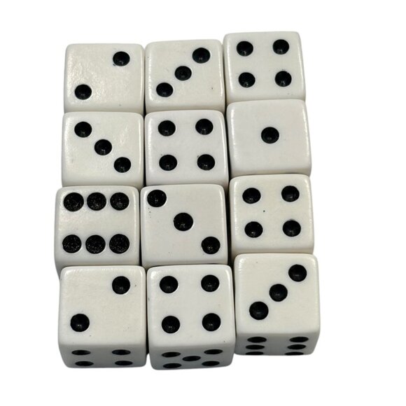Set Of 12 White Dice With Black Dots For Board Games Or Crafts - Picture 1 of 2
